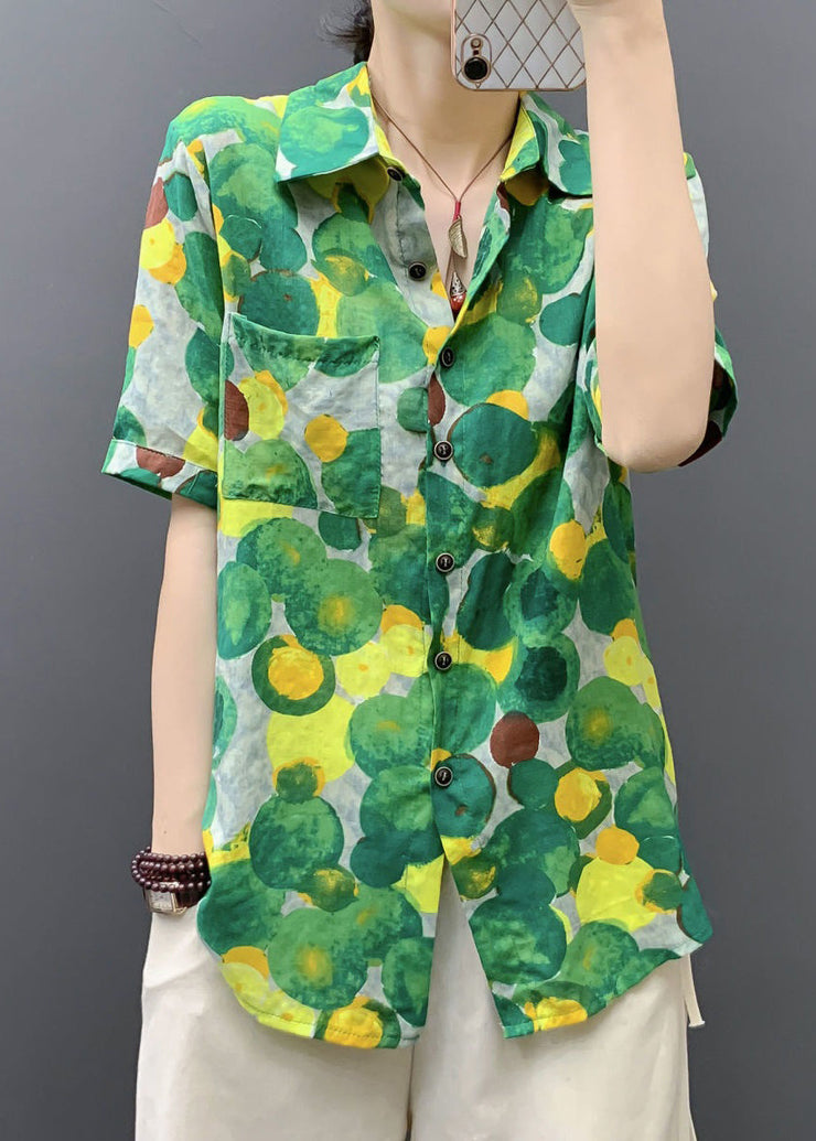 Green Print Pockets Cotton Blouse Peter Pan Collar Short Sleeve