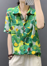 Green Print Pockets Cotton Blouse Peter Pan Collar Short Sleeve