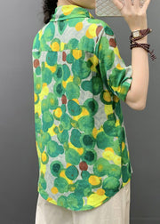 Green Print Pockets Cotton Blouse Peter Pan Collar Short Sleeve