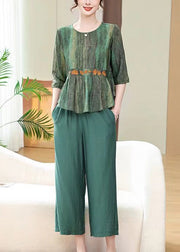 Green Print Pockets Cotton Two Pieces Set O Neck Half Sleeve