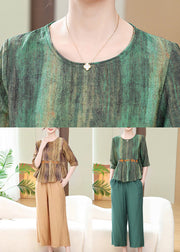 Green Print Pockets Cotton Two Pieces Set O Neck Half Sleeve