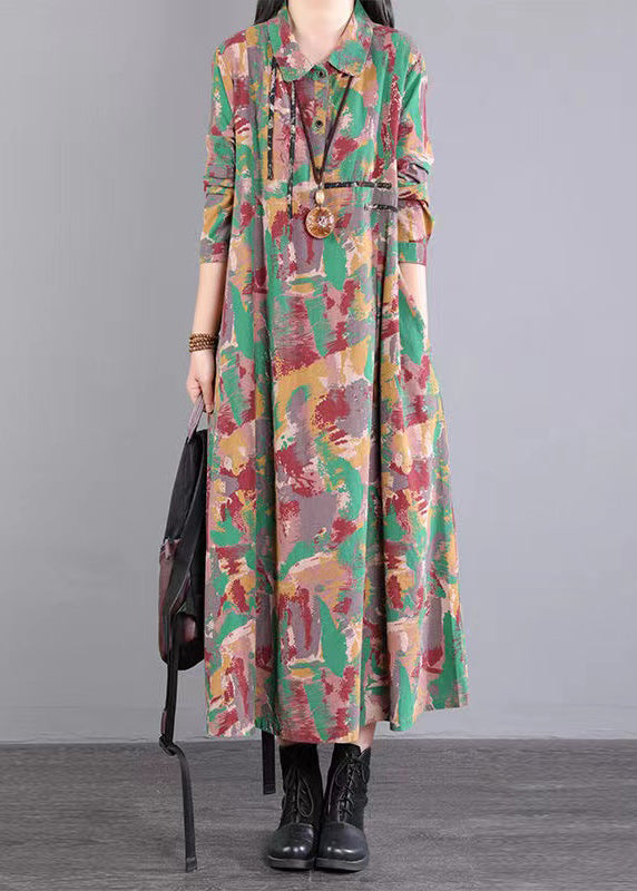 Green Print Pockets Patchwork Cotton Long Dress Peter Pan Collar Fall