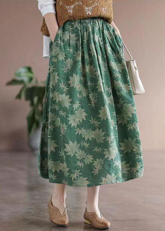 Green Print Pockets Patchwork Cotton Skirts Wrinkled Summer