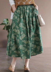 Green Print Pockets Patchwork Cotton Skirts Wrinkled Summer