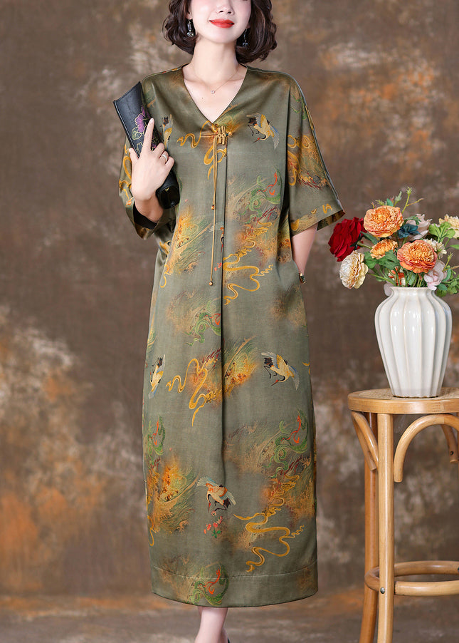 Green Print Pockets Silk Dresses V Neck Half Sleeve