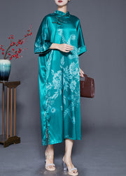 Green Print Silk Dresses Chinese Style Chinese Button Summer