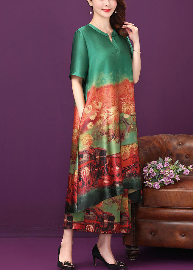 Green Print Silk Long Dress And Wide Leg Pants Two Piece Suit Set V Neck Summer