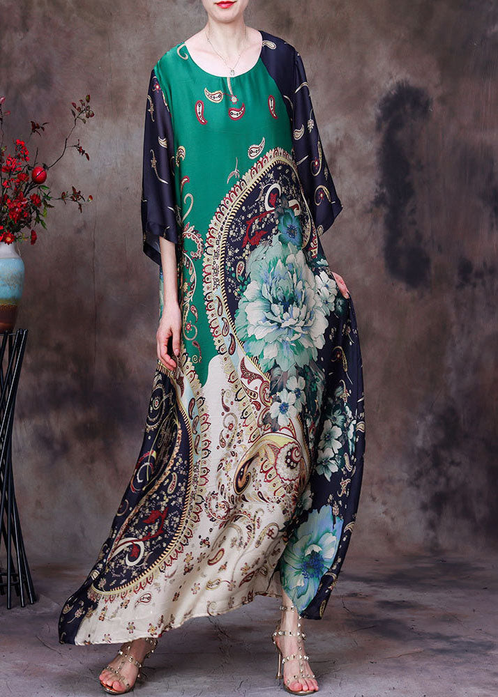 Green Print Silk Long Dresses Asymmetrical Deaign Half Sleeve