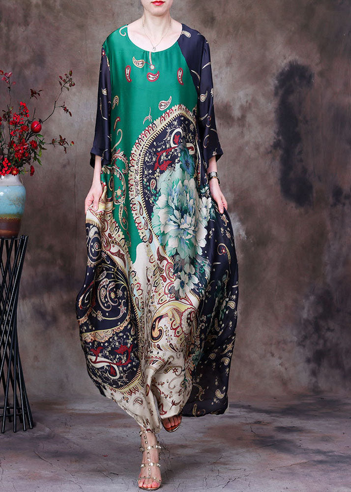 Green Print Silk Long Dresses Asymmetrical Deaign Half Sleeve