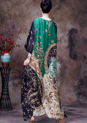 Green Print Silk Long Dresses Asymmetrical Deaign Half Sleeve