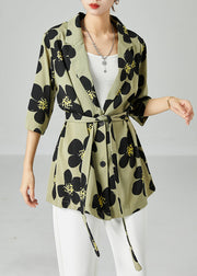 Green Print Silk Shirts Oversized Turn-down Collar Short Sleeve