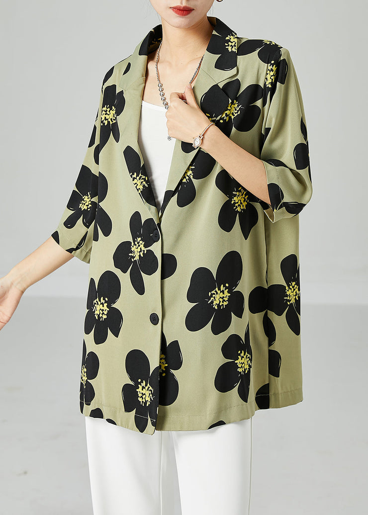 Green Print Silk Shirts Oversized Turn-down Collar Short Sleeve