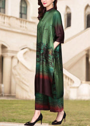 Green Print Silk Two Pieces Set V Neck Side Open Half Sleeve