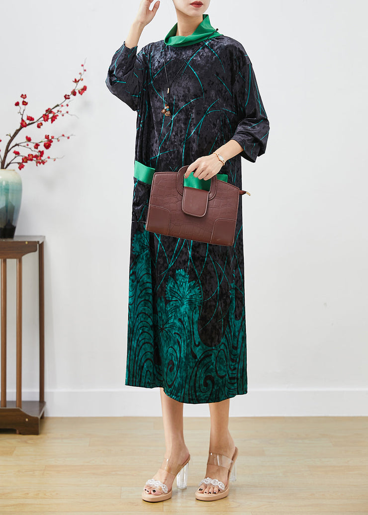 Green Print Silk Velour Maxi Dresses Turtle Neck Half Sleeve