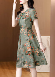 Green Print Slim Fit Chiffon Mid Dresses V Neck Summer