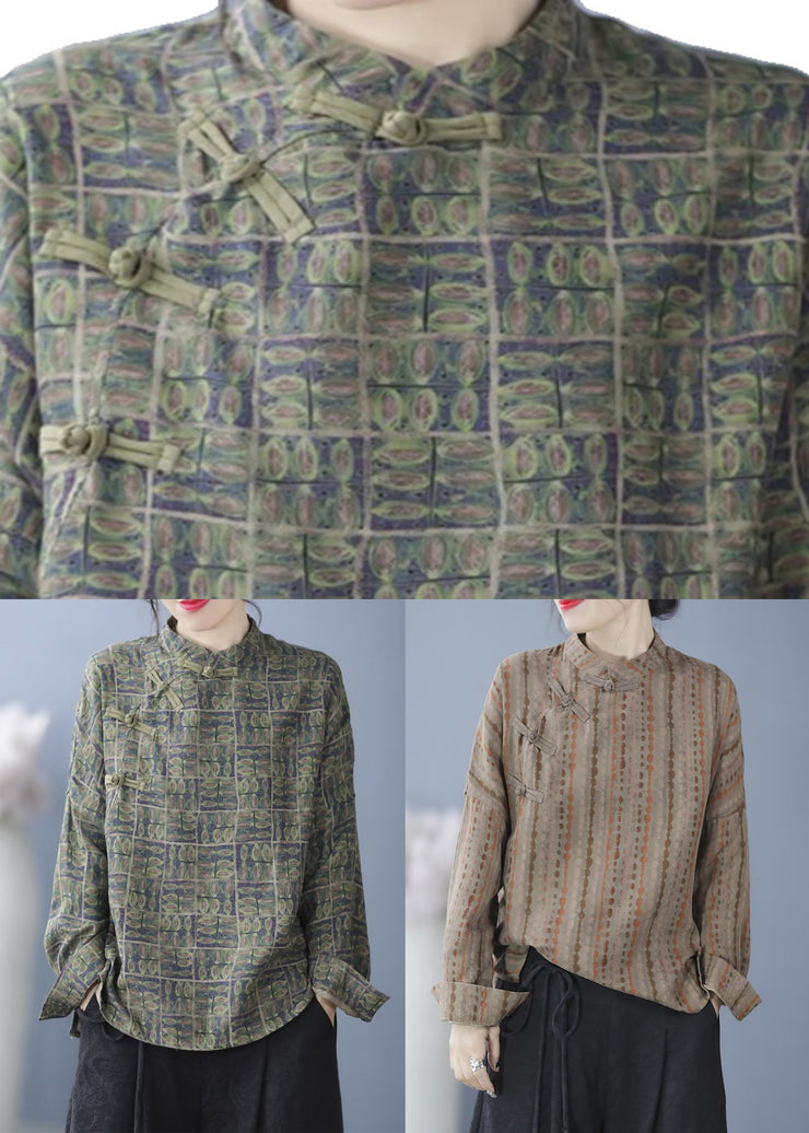 Green Print Stand Collar Shirt Long Sleeve