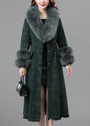 Green Rabbit Hair Collar Leather And Fur Parkas Lengthen Button Winter