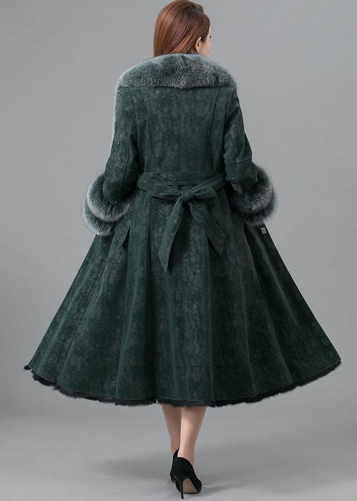 Green Rabbit Hair Collar Leather And Fur Parkas Lengthen Button Winter