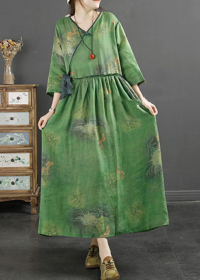 Green Ruffled Patchwork Tie Waist Ramie Maxi Dresses Fall