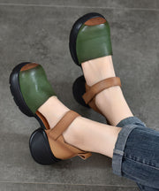 Green Sandals Chunky Cowhide Leather Handmade Splicing Buckle Strap