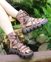 Green Sandals Platform Cowhide Leather Comfy Splicing Lace Up