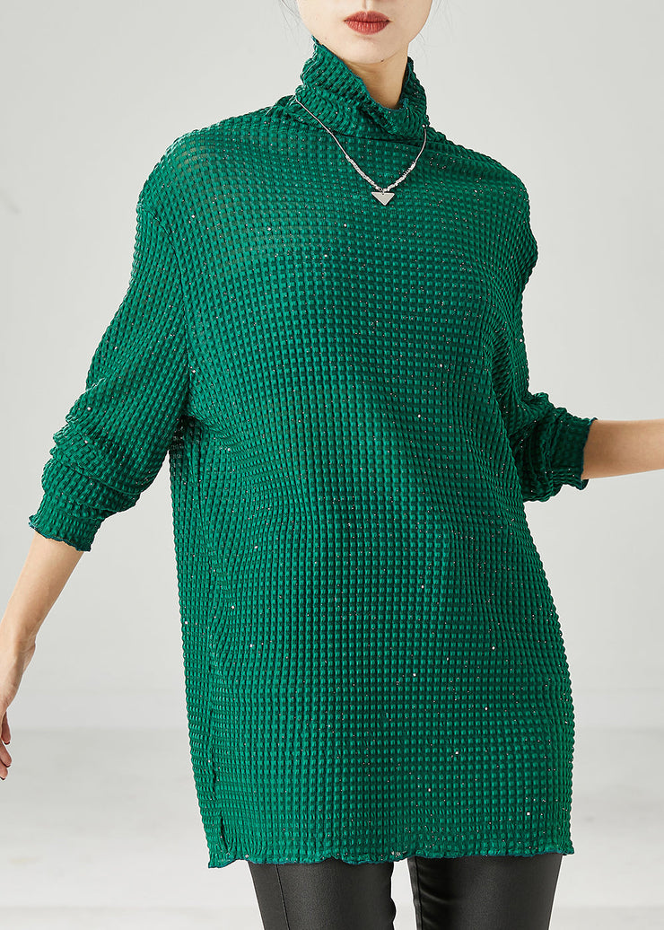 Green Sequins Cotton Shirt Top Turtle Neck Spring