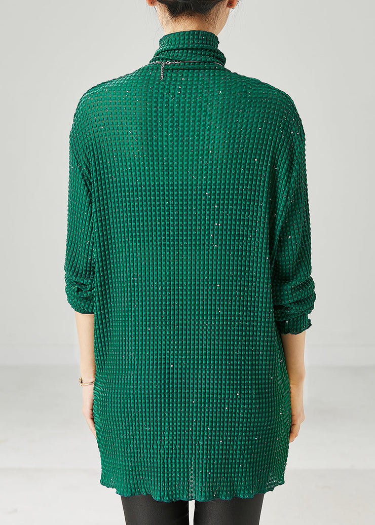 Green Sequins Cotton Shirt Top Turtle Neck Spring