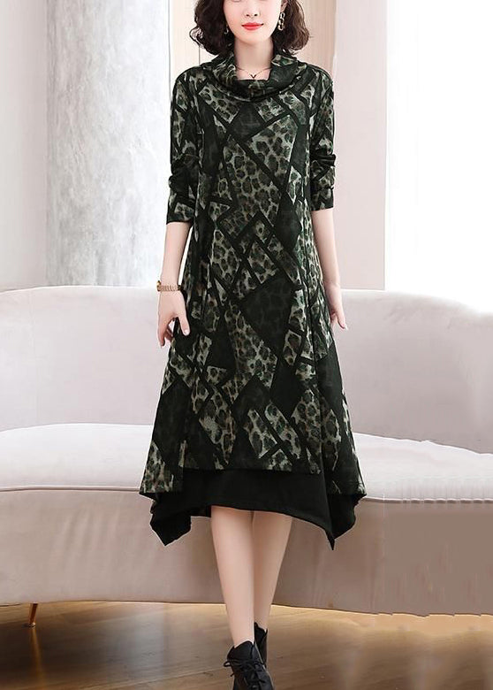 Green Side Open Cotton Dress Turtleneck Long Sleeve