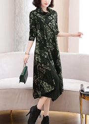 Green Side Open Cotton Dress Turtleneck Long Sleeve