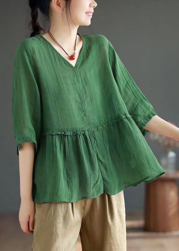 Green Side Open Patchwork Linen Top V Neck Half Sleeve