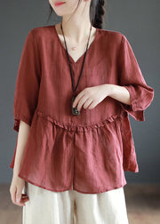 Green Side Open Patchwork Linen Top V Neck Half Sleeve