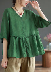 Green Side Open Patchwork Linen Top V Neck Half Sleeve