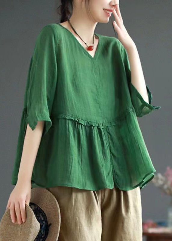 Green Side Open Patchwork Linen Top V Neck Half Sleeve