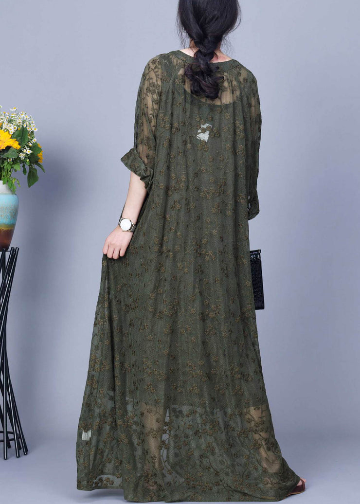 Green Side Open Silk Cotton Two Pieces Set Embroidered Long Sleeve