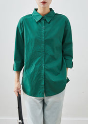 Green Silm Fitn Cotton Shirt Tops Peter Pan Collar Fall