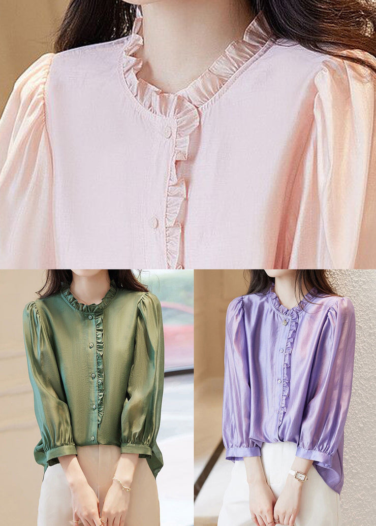 Green Solid Button Chiffon Blouses Ruffled Spring