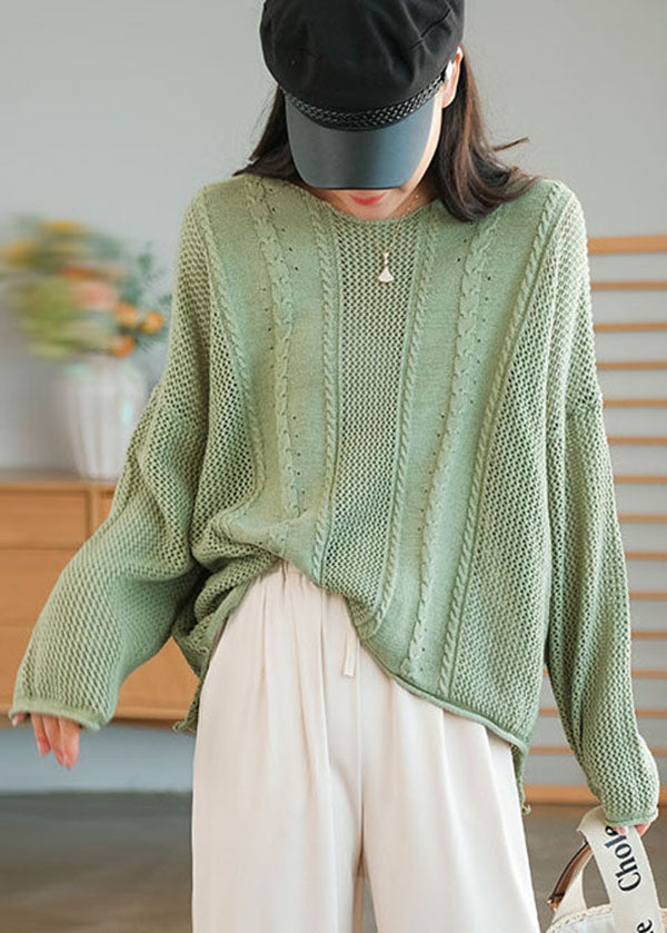 Green Solid Knit Sweaters O-Neck Oversized Winter