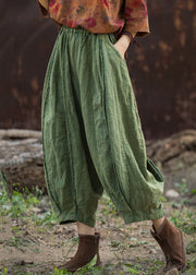 Green Solid Linen Wide Leg Pants Elastic Waist