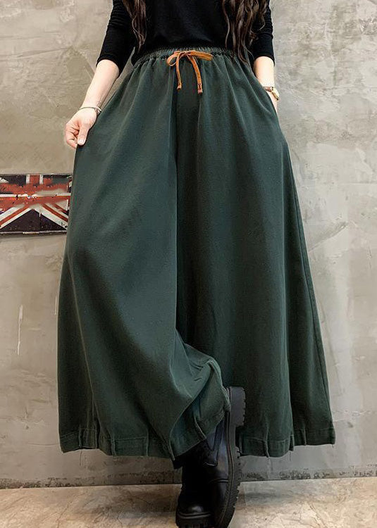 Green Solid Pockets Cotton Wide Leg Pants High Waist