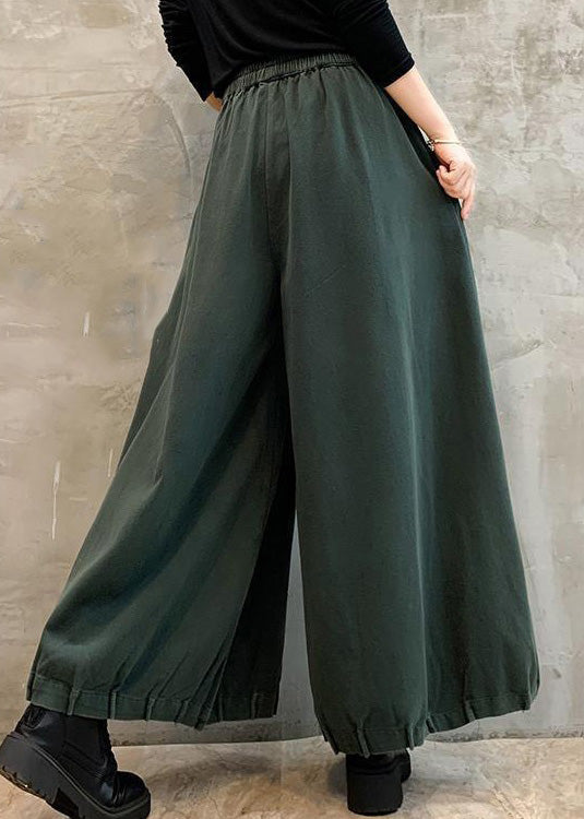 Green Solid Pockets Cotton Wide Leg Pants High Waist