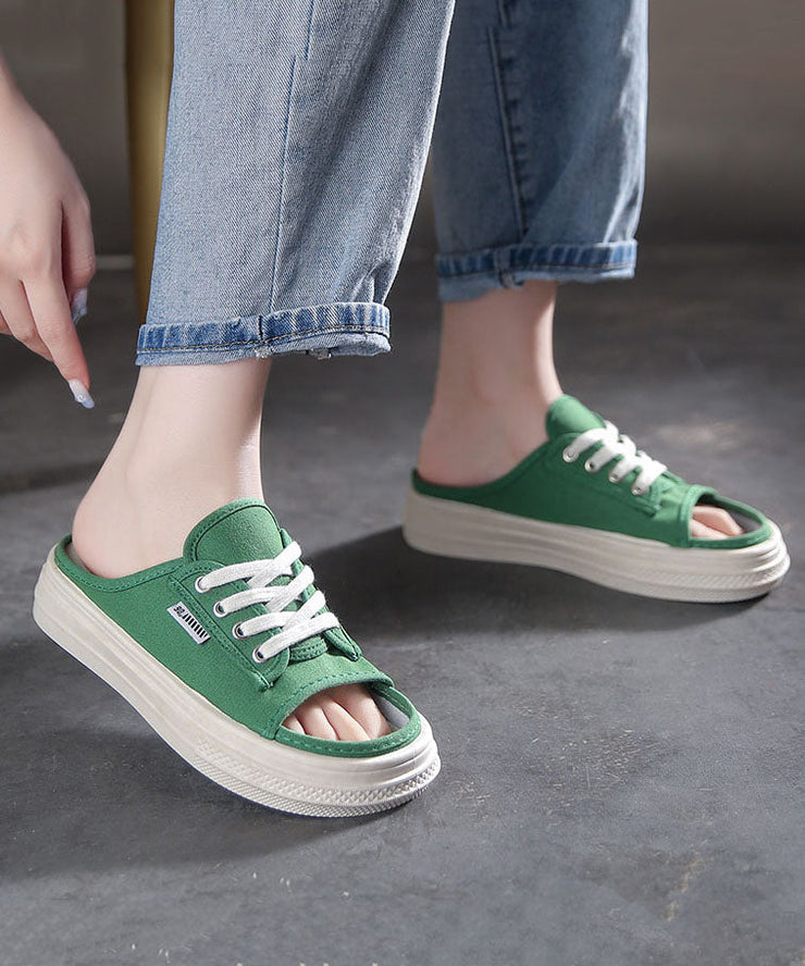 Green Splicing Platform Canvas Slide Sandals Lace Up Peep Toe