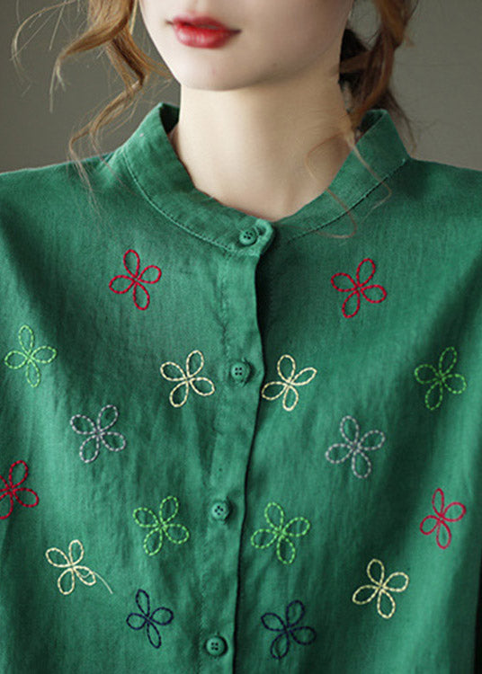 Green Stand Collar Button Linen Shirt Long Sleeve