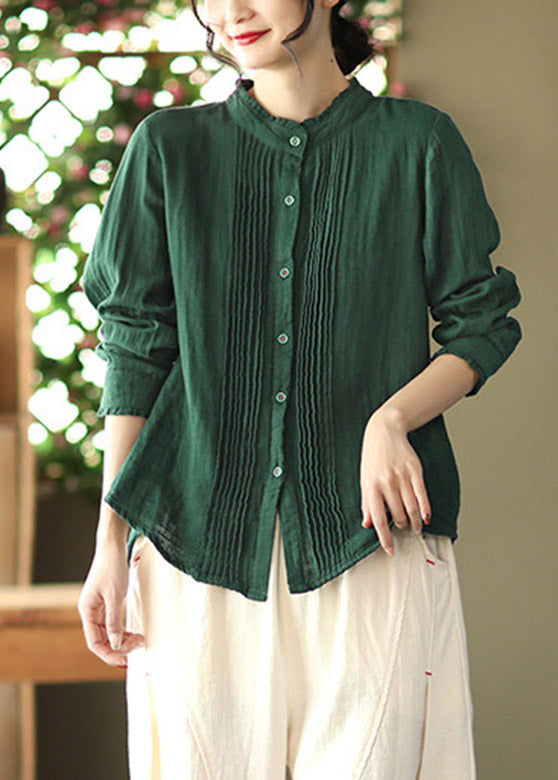 Green Stand Collar Wrinkled Cotton Shirt Long Sleeve