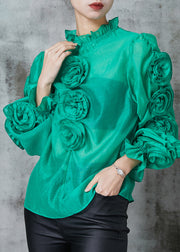 Green Stereoscopic Floral Chiffon Shirt Top Ruffled Spring