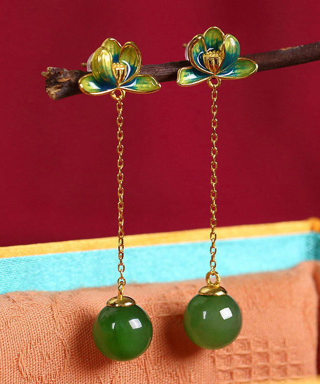 Green Sterling Silver Jade Cloisonne Lotus Tassel Drop Earrings