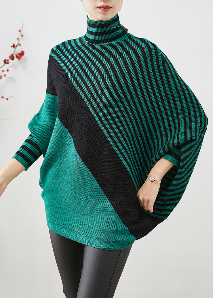 Green Striped Knit Short Sweater Asymmetrical Batwing Sleeve