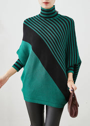 Green Striped Knit Short Sweater Asymmetrical Batwing Sleeve