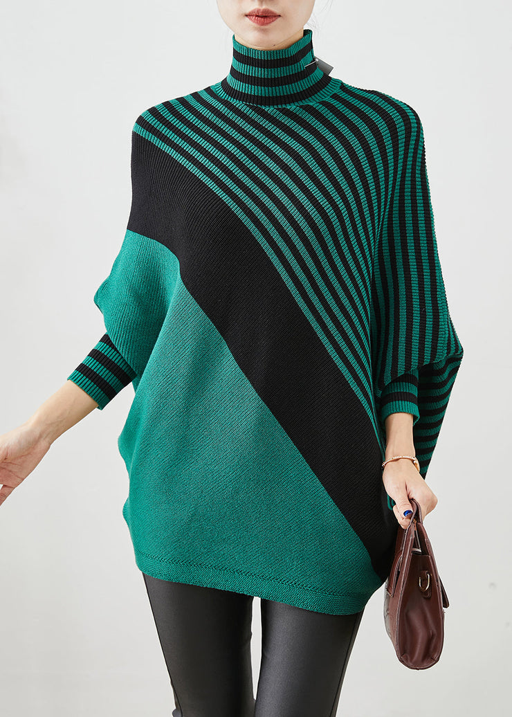 Green Striped Knit Short Sweater Asymmetrical Batwing Sleeve