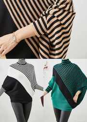 Green Striped Knit Short Sweater Asymmetrical Batwing Sleeve