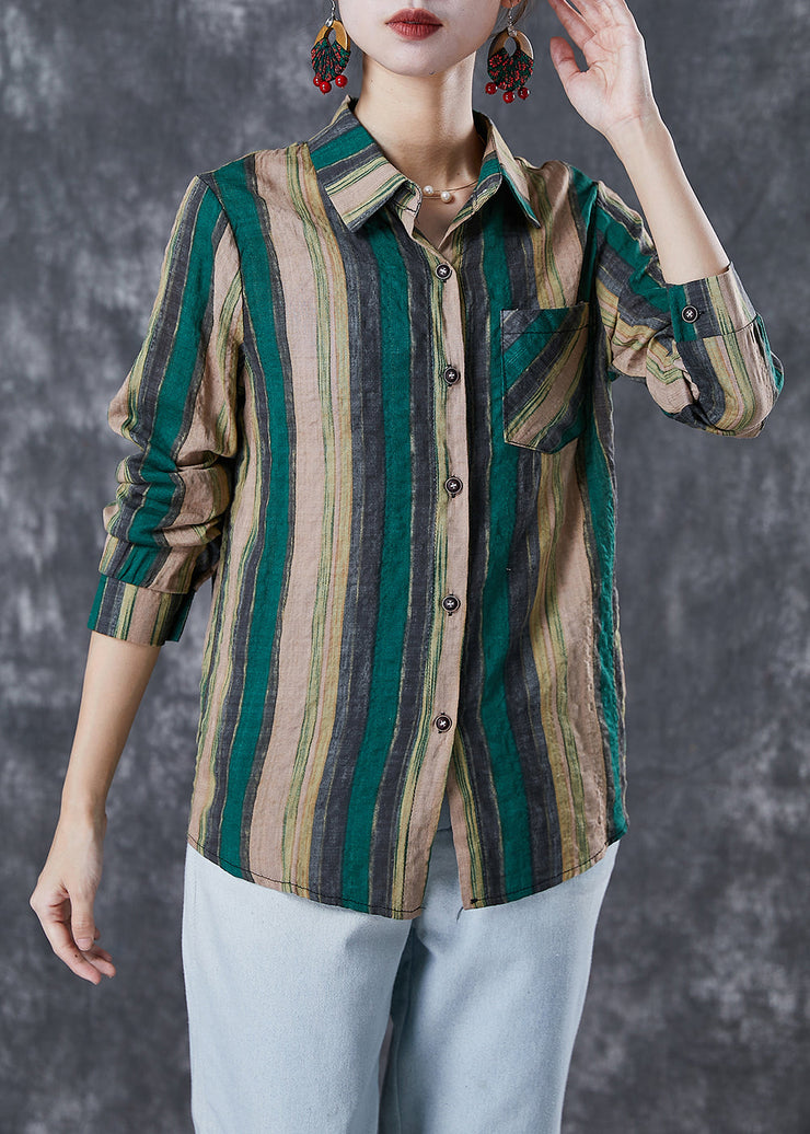 Green Striped Linen Shirt Tops Peter Pan Collar Fall